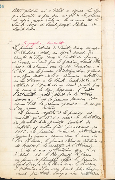 Reproduction de la trente-quatri&egrave;me page des Notes historiques sur la paroisse Sainte-Croix de Lafontaine par le p&egrave;re Henri Brunet, cur&eacute; de la paroisse,  d&eacute;crivant la situation g&eacute;ographique et les origines de Lafontaine (Ontario) depuis 1615, 1924-1936.