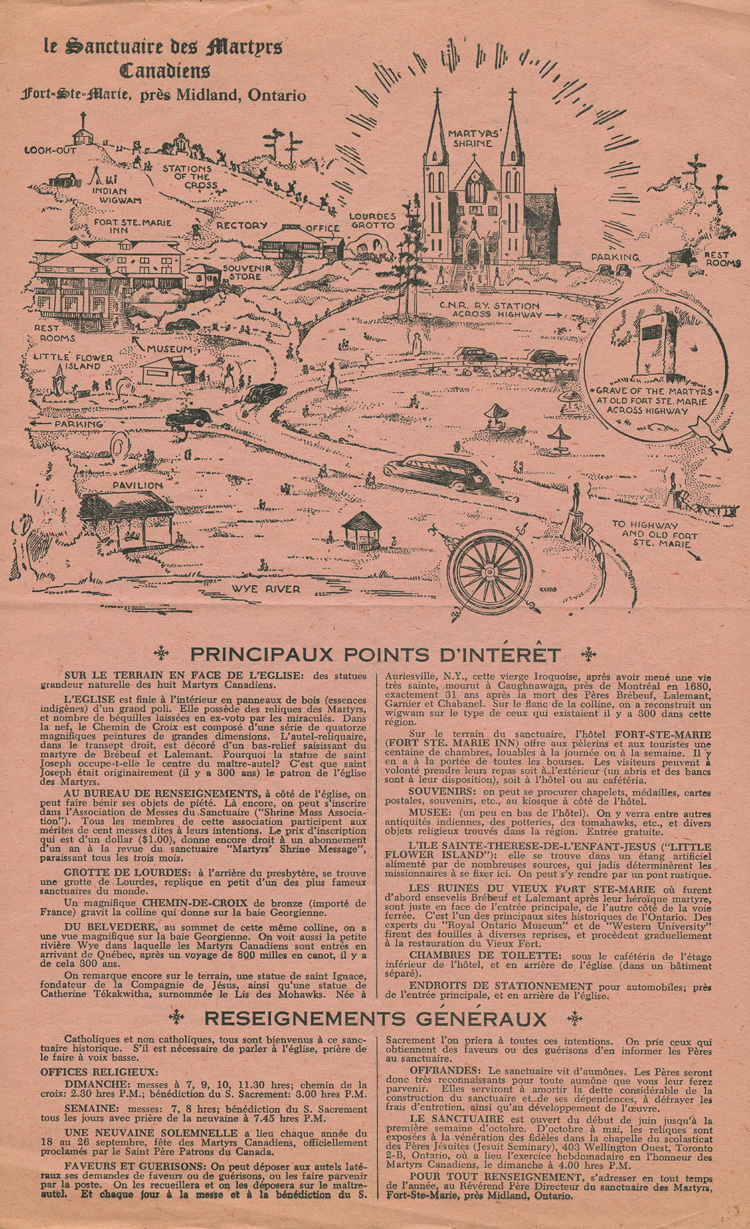 Reproduction du verso du feuillet publicitaire du Sanctuaire des Martyrs canadiens, Midland (Ontario), 1949.