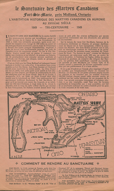 Reproduction du recto du feuillet publicitaire du Sanctuaire des Martyrs canadiens, Midland (Ontario), 1949.