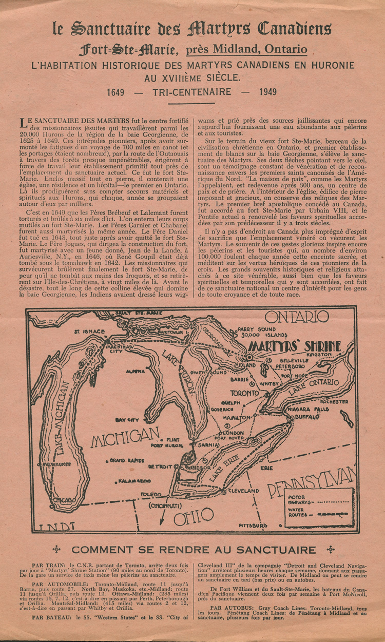 Reproduction du verso du feuillet publicitaire du Sanctuaire des Martyrs canadiens, Midland (Ontario), 1949.