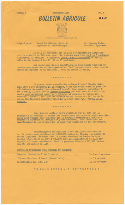 Reproduction de la premi&egrave;re page du neuvi&egrave;me num&eacute;ro du premier volume du Bulletin agricole, pr&eacute;par&eacute; par Raoul Portelance, agronome du T&eacute;miscamingue au minist&egrave;re de l’Agriculture de l’Ontario, au sujet de l’&eacute;levage des vaches laiti&egrave;res et d’animaux &agrave; boeuf, septembre 1966.