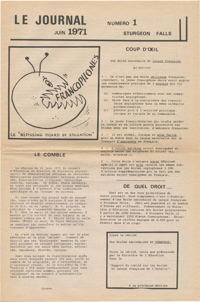 Reproduction de la premi&egrave;re page du premier num&eacute;ro de Le Journal, comprenant un article intitul&eacute; Coup d&middot;oeil et une caricature au sujet du Conseil scolaire de Nipissing (Ontario), juin 1971.
