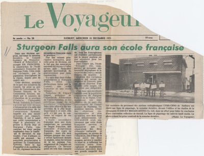 Reproduction d’un article intitul&eacute; Sturgeon Falls aura son &eacute;cole fran&ccedil;aise, et paru dans le vingt-huiti&egrave;me num&eacute;ro du quatri&egrave;me volume de Le Voyageur, 15 d&eacute;cembre 1971.