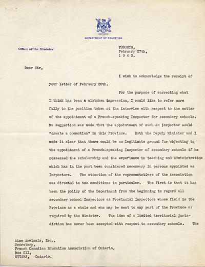 Reproduction de la premi&egrave;re page d’une lettre de Leo J. Simpson, ministre de l’&Eacute;ducation de l’Ontario, &agrave; Aim&eacute; Arvisais, secr&eacute;taire de l’Association canadienne-fran&ccedil;aise d’&eacute;ducation d’Ontario (ACFEO), 27 f&eacute;vrier 1940.