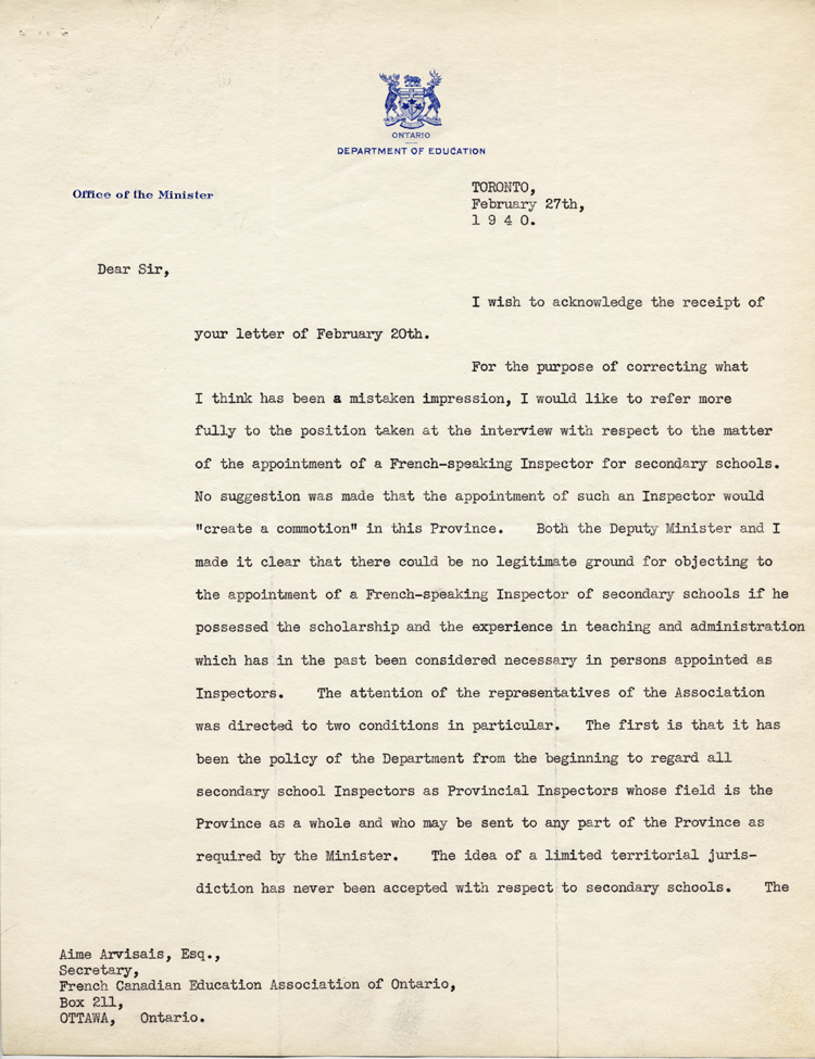 Reproduction de la premi&egrave;re page d’une lettre de Leo J. Simpson, ministre de l’&Eacute;ducation de l’Ontario, &agrave; Aim&eacute; Arvisais, secr&eacute;taire de l’Association canadienne-fran&ccedil;aise d’&eacute;ducation d’Ontario (ACFEO), 27 f&eacute;vrier 1940.