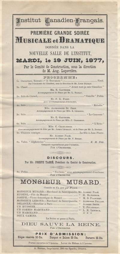 Reproduction du programme d’une grande soir&eacute;e musicale et dramatique organis&eacute;e par le Comit&eacute; de construction du nouvel &eacute;difice de l’Institut canadien-fran&ccedil;ais d’Ottawa, 19 juin 1877.