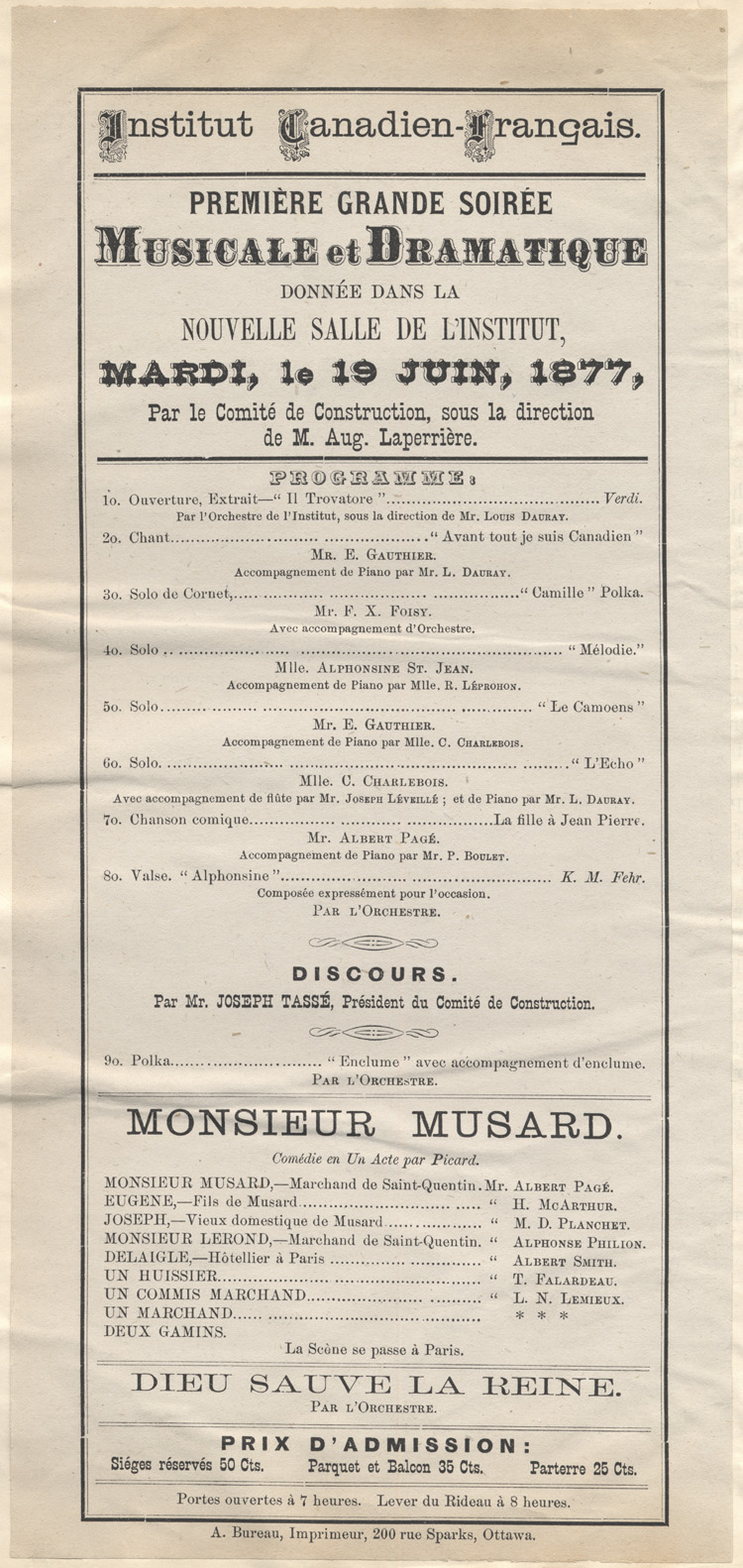 Reproduction du programme d’une grande soir&eacute;e musicale et dramatique organis&eacute;e par le Comit&eacute; de construction du nouvel &eacute;difice de l’Institut canadien-fran&ccedil;ais d’Ottawa, 19 juin 1877.