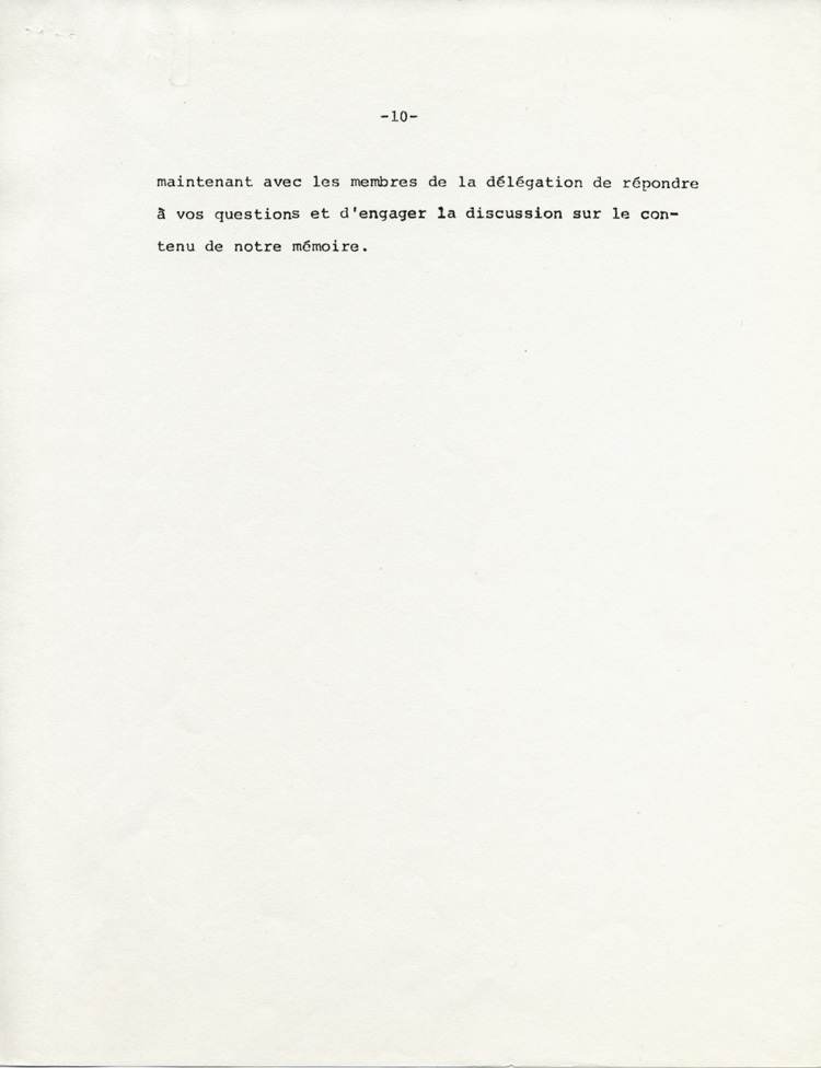 Reproduction de la dixi&egrave;me page du M&eacute;moire pr&eacute;sent&eacute; au Conseil scolaire de Nipissing par l’Association canadienne-fran&ccedil;aise de l’Ontario (ACFO), 23 ao&ucirc;t 1971.