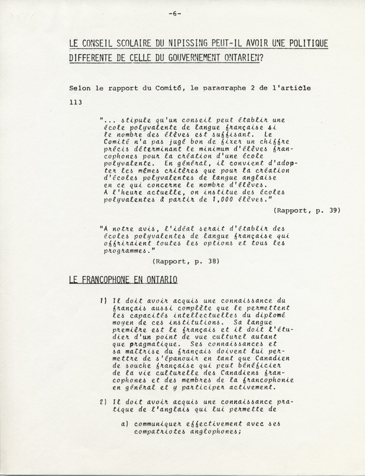 Reproduction de la sixi&egrave;me page du M&eacute;moire pr&eacute;sent&eacute; au Conseil scolaire de Nipissing par l’Association canadienne-fran&ccedil;aise de l’Ontario (ACFO), 23 ao&ucirc;t 1971.