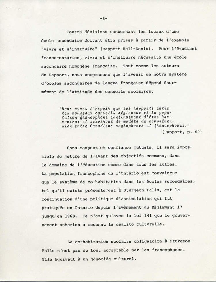 Reproduction de la huiti&egrave;me page du M&eacute;moire pr&eacute;sent&eacute; au Conseil scolaire de Nipissing par l’Association canadienne-fran&ccedil;aise de l’Ontario (ACFO), 23 ao&ucirc;t 1971.