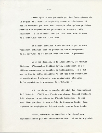 Reproduction de la neuvi&egrave;me page du M&eacute;moire pr&eacute;sent&eacute; au Conseil scolaire de Nipissing par l’Association canadienne-fran&ccedil;aise de l’Ontario (ACFO), 23 ao&ucirc;t 1971.
