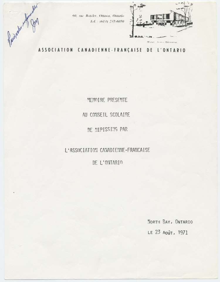 Reproduction de la page titre du M&eacute;moire pr&eacute;sent&eacute; au Conseil scolaire de Nipissing par l’Association canadienne-fran&ccedil;aise de l’Ontario (ACFO), 23 ao&ucirc;t 1971.