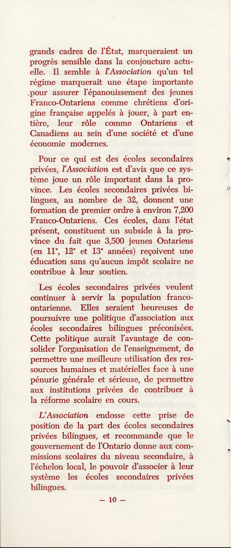 Reproduction de la dixième page du Mémoire concernant un régime d’écoles secondaires bilingues en Ontario par l’Association canadienne-française d’éducation d’Ontario (ACFEO), mars 1967.