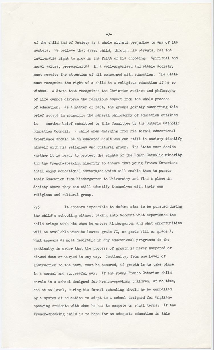Reproduction de la troisi&egrave;me page du m&eacute;moire soumis au Comit&eacute; provincial sur les buts et objectifs de l’&eacute;ducation dans les &eacute;coles de l’Ontario par l’Association canadienne-fran&ccedil;aise d’&eacute;ducation d’Ontario (ACFEO), l’Association des enseignants franco-ontariens (AEFO), l’Association des commissions des &eacute;coles bilingues de l’Ontario (ACEBO), la F&eacute;d&eacute;ration des associations de parents et instituteurs de langue fran&ccedil;aise de l’Ontario (FAPI), l’Association franco-ontarienne des inspecteurs de l’enseignement bilingue et des professeurs de l’&eacute;cole normale (AFOIEBPEN), d&eacute;cembre 1965.