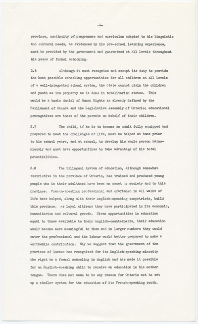Reproduction de la quatri&egrave;me page du m&eacute;moire soumis au Comit&eacute; provincial sur les buts et objectifs de l’&eacute;ducation dans les &eacute;coles de l’Ontario par l’Association canadienne-fran&ccedil;aise d’&eacute;ducation d’Ontario (ACFEO), l’Association des enseignants franco-ontariens (AEFO), l’Association des commissions des &eacute;coles bilingues de l’Ontario (ACEBO), la F&eacute;d&eacute;ration des associations de parents et instituteurs de langue fran&ccedil;aise de l’Ontario (FAPI), l’Association franco-ontarienne des inspecteurs de l’enseignement bilingue et des professeurs de l’&eacute;cole normale (AFOIEBPEN), d&eacute;cembre 1965.