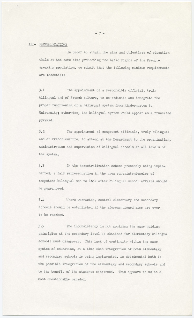 Reproduction de la septième page du mémoire soumis au Comité provincial sur les buts et objectifs de l’éducation dans les écoles de l’Ontario par l’Association canadienne-française d’éducation d’Ontario (ACFEO), l’Association des enseignants franco-ontariens (AEFO), l’Association des commissions des écoles bilingues de l’Ontario (ACEBO), la Fédération des associations de parents et instituteurs de langue française de l’Ontario (FAPI), l’Association franco-ontarienne des inspecteurs de l’enseignement bilingue et des professeurs de l’école normale (AFOIEBPEN), décembre 1965.