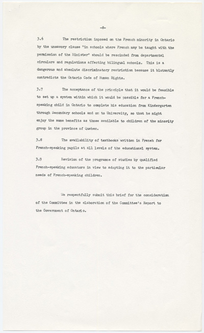 Reproduction de la huiti&egrave;me page du m&eacute;moire soumis au Comit&eacute; provincial sur les buts et objectifs de l’&eacute;ducation dans les &eacute;coles de l’Ontario par l’Association canadienne-fran&ccedil;aise d’&eacute;ducation d’Ontario (ACFEO), l’Association des enseignants franco-ontariens (AEFO), l’Association des commissions des &eacute;coles bilingues de l’Ontario (ACEBO), la F&eacute;d&eacute;ration des associations de parents et instituteurs de langue fran&ccedil;aise de l’Ontario (FAPI), l’Association franco-ontarienne des inspecteurs de l’enseignement bilingue et des professeurs de l’&eacute;cole normale (AFOIEBPEN), d&eacute;cembre 1965.
