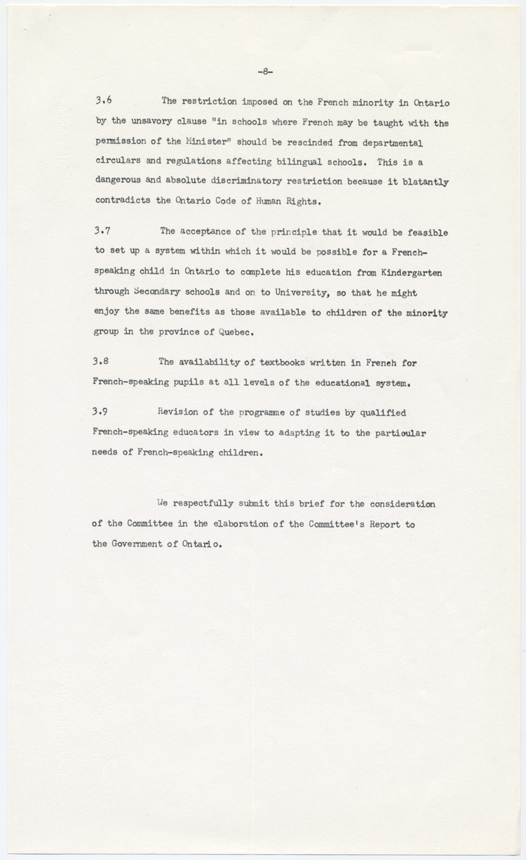 Reproduction de la huitième page du mémoire soumis au Comité provincial sur les buts et objectifs de l’éducation dans les écoles de l’Ontario par l’Association canadienne-française d’éducation d’Ontario (ACFEO), l’Association des enseignants franco-ontariens (AEFO), l’Association des commissions des écoles bilingues de l’Ontario (ACEBO), la Fédération des associations de parents et instituteurs de langue française de l’Ontario (FAPI), l’Association franco-ontarienne des inspecteurs de l’enseignement bilingue et des professeurs de l’école normale (AFOIEBPEN), décembre 1965.