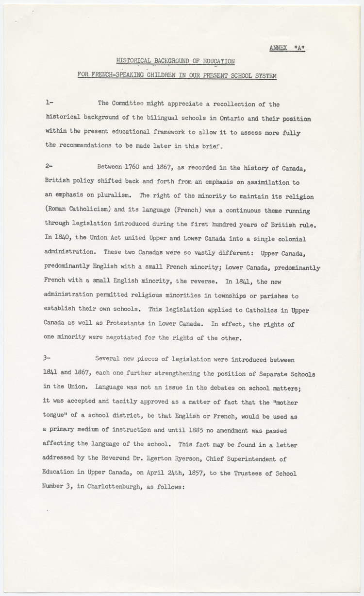 Reproduction de la premi&egrave;re page de l’annexe A du m&eacute;moire soumis au Comit&eacute; provincial sur les buts et objectifs de l’&eacute;ducation dans les &eacute;coles de l’Ontario par l’Association canadienne-fran&ccedil;aise d’&eacute;ducation d’Ontario (ACFEO), l’Association des enseignants franco-ontariens (AEFO), l’Association des commissions des &eacute;coles bilingues de l’Ontario (ACEBO), la F&eacute;d&eacute;ration des associations de parents et instituteurs de langue fran&ccedil;aise de l’Ontario (FAPI), l’Association franco-ontarienne des inspecteurs de l’enseignement bilingue et des professeurs de l’&eacute;cole normale (AFOIEBPEN), d&eacute;cembre 1965.