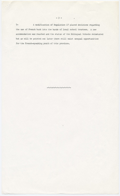 Reproduction de la troisi&egrave;me page de l’Annexe A du m&eacute;moire soumis au Comit&eacute; provincial sur les buts et objectifs de l’&eacute;ducation dans les &eacute;coles de l’Ontario par l’Association canadienne-fran&ccedil;aise d’&eacute;ducation d’Ontario (ACFEO), l’Association des enseignants franco-ontariens (AEFO), l’Association des commissions des &eacute;coles bilingues de l’Ontario (ACEBO), la F&eacute;d&eacute;ration des associations de parents et instituteurs de langue fran&ccedil;aise de l’Ontario (FAPI), l’Association franco-ontarienne des inspecteurs de l’enseignement bilingue et des professeurs de l’&eacute;cole normale (AFOIEBPEN), d&eacute;cembre 1965.
