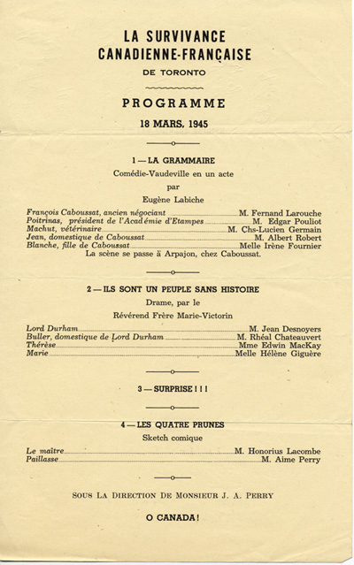 Reproduction d’un programme d’une soir&eacute;e de th&eacute;&acirc;tre pr&eacute;sent&eacute;e par La Survivance canadienne-fran&ccedil;aise de Toronto, 18 mars 1945.