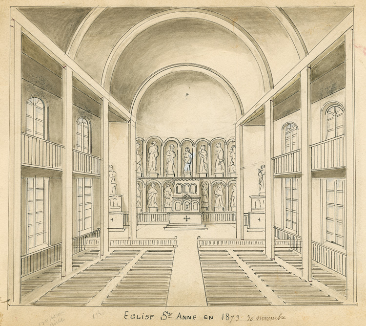 Reproduction d’un dessin d’architecture de l’int&eacute;rieur de l’&eacute;glise Sainte-Anne, Ottawa (Ontario), 30 novembre 1873.