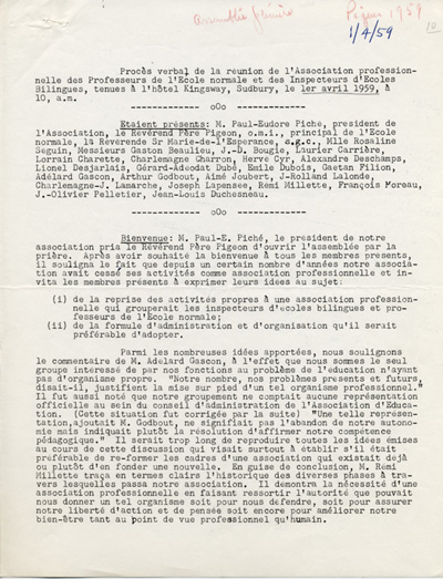 Reproduction de la premi&egrave;re page du proc&egrave;s-verbal d’une r&eacute;union de l’Association professionnelle des professeurs de l’&eacute;cole normale et des inspecteurs d’&eacute;coles bilingues, connue sous le nom de Association franco-ontarienne des inspecteurs de l’enseignement et des professeurs d’&eacute;cole normale (AFOIEPEN), 1er avril 1959.