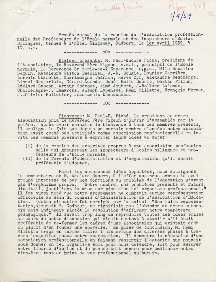 Reproduction de la premi&egrave;re page du proc&egrave;s-verbal d’une r&eacute;union de l’Association professionnelle des professeurs de l’&eacute;cole normale et des inspecteurs d’&eacute;coles bilingues, connue sous le nom de Association franco-ontarienne des inspecteurs de l’enseignement et des professeurs d’&eacute;cole normale (AFOIEPEN), 1er avril 1959.
