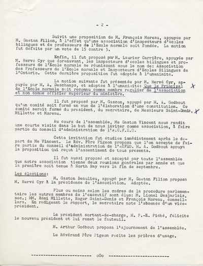 Reproduction de la deuxi&egrave;me page du proc&egrave;s-verbal d’une r&eacute;union de  l’Association professionnelle des professeurs de l’&eacute;cole normale et des inspecteurs d’&eacute;coles bilingues, connue sous le nom de Association franco-ontarienne des inspecteurs de l’enseignement et des professeurs d’&eacute;cole normale (AFOIEPEN), 1er avril 1959.