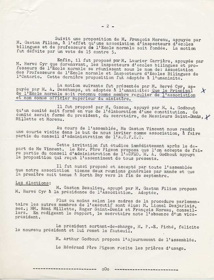 Reproduction de la deuxi&egrave;me page du proc&egrave;s-verbal d’une r&eacute;union de  l’Association professionnelle des professeurs de l’&eacute;cole normale et des inspecteurs d’&eacute;coles bilingues, connue sous le nom de Association franco-ontarienne des inspecteurs de l’enseignement et des professeurs d’&eacute;cole normale (AFOIEPEN), 1er avril 1959.