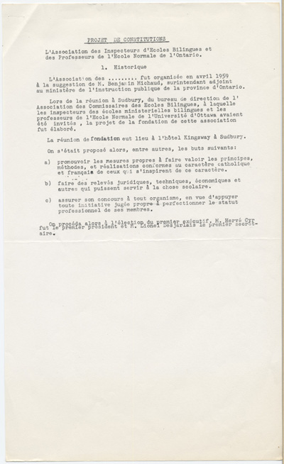 Reproduction de la premi&egrave;re page d’un projet de constitution, statuts et r&egrave;glements, de l’Association des inspecteurs d’&eacute;coles bilingues et des professeurs de l’&eacute;cole normale bilingue de l’Ontario, connue sous le nom de Association franco-ontarienne des inspecteurs de l’enseignement et des professeurs d’&eacute;cole normale (AFOIEPEN), 1959.