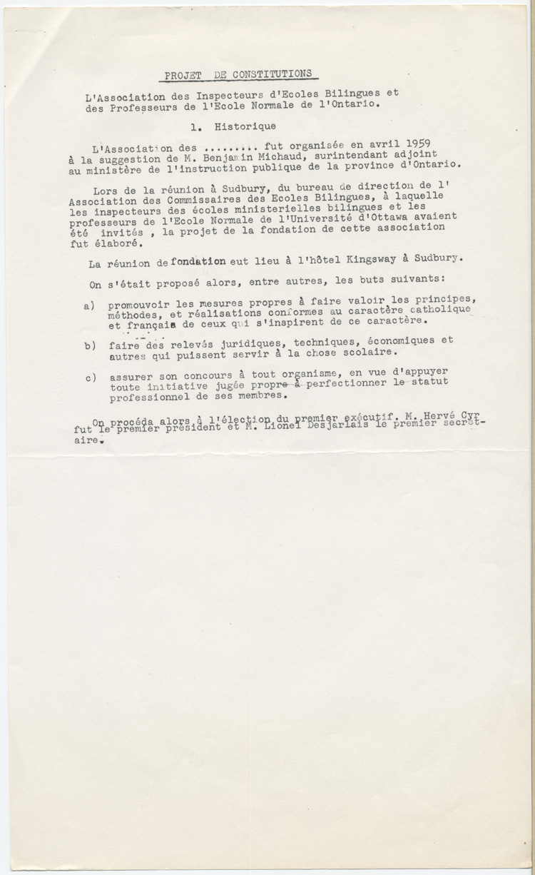 Reproduction de la premi&egrave;re page d’un projet de constitution, statuts et r&egrave;glements, de l’Association des inspecteurs d’&eacute;coles bilingues et des professeurs de l’&eacute;cole normale bilingue de l’Ontario, connue sous le nom de Association franco-ontarienne des inspecteurs de l’enseignement et des professeurs d’&eacute;cole normale (AFOIEPEN), 1959.