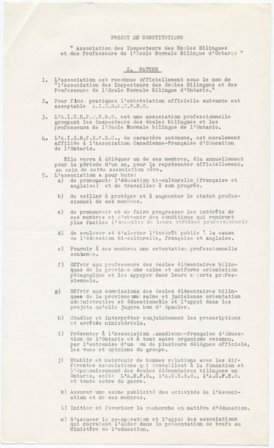 Reproduction de la deuxi&egrave;me page d’un projet de constitution, statuts et r&egrave;glements, de l’Association des inspecteurs d’&eacute;coles bilingues et des professeurs de l’&eacute;cole normale bilingue de l’Ontario, connue sous le nom de Association franco-ontarienne des inspecteurs de l’enseignement et des professeurs d’&eacute;cole normale (AFOIEPEN), 1959.