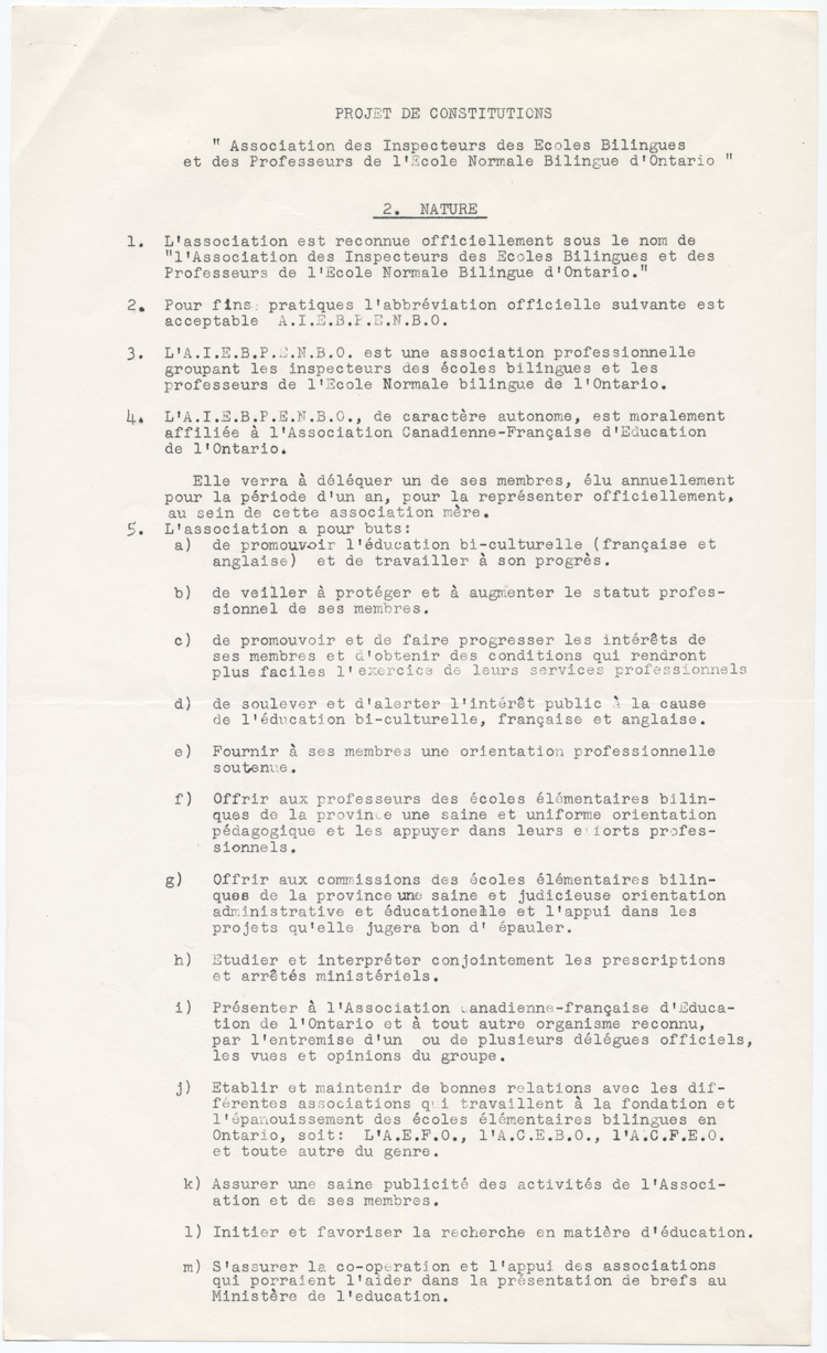 Reproduction de la deuxi&egrave;me page d’un projet de constitution, statuts et r&egrave;glements, de l’Association des inspecteurs d’&eacute;coles bilingues et des professeurs de l’&eacute;cole normale bilingue de l’Ontario, connue sous le nom de Association franco-ontarienne des inspecteurs de l’enseignement et des professeurs d’&eacute;cole normale (AFOIEPEN), 1959.