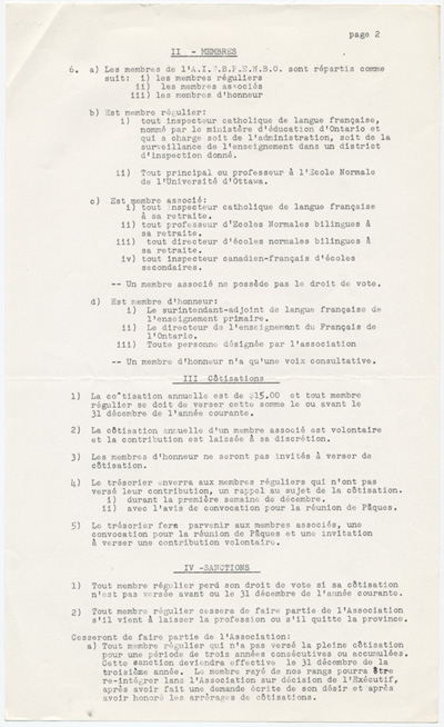 Reproduction de la troisi&egrave;me page d’un projet de constitution, statuts et r&egrave;glements, de l’Association des inspecteurs d’&eacute;coles bilingues et des professeurs de l’&eacute;cole normale bilingue de l’Ontario, connue sous le nom de Association franco-ontarienne des inspecteurs de l’enseignement et des professeurs d’&eacute;cole normale (AFOIEPEN), 1959.