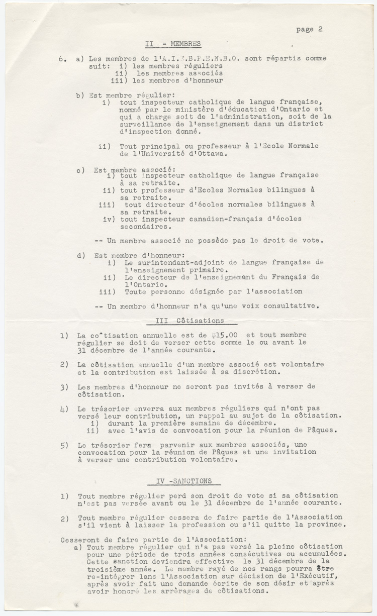 Reproduction de la troisi&egrave;me page d’un projet de constitution, statuts et r&egrave;glements, de l’Association des inspecteurs d’&eacute;coles bilingues et des professeurs de l’&eacute;cole normale bilingue de l’Ontario, connue sous le nom de Association franco-ontarienne des inspecteurs de l’enseignement et des professeurs d’&eacute;cole normale (AFOIEPEN), 1959.