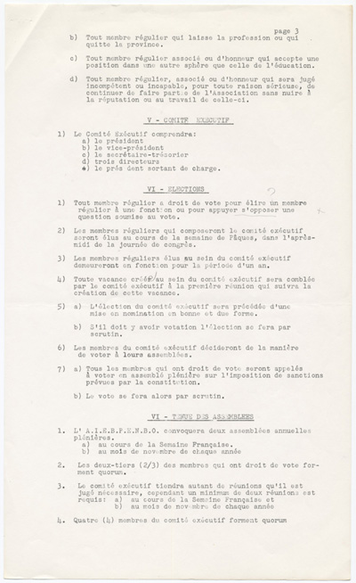 Reproduction de la quatri&egrave;me page d’un projet de constitution, statuts et r&egrave;glements, de l’Association des inspecteurs d’&eacute;coles bilingues et des professeurs de l’&eacute;cole normale bilingue de l’Ontario, connue sous le nom de Association franco-ontarienne des inspecteurs de l’enseignement et des professeurs d’&eacute;cole normale (AFOIEPEN), 1959