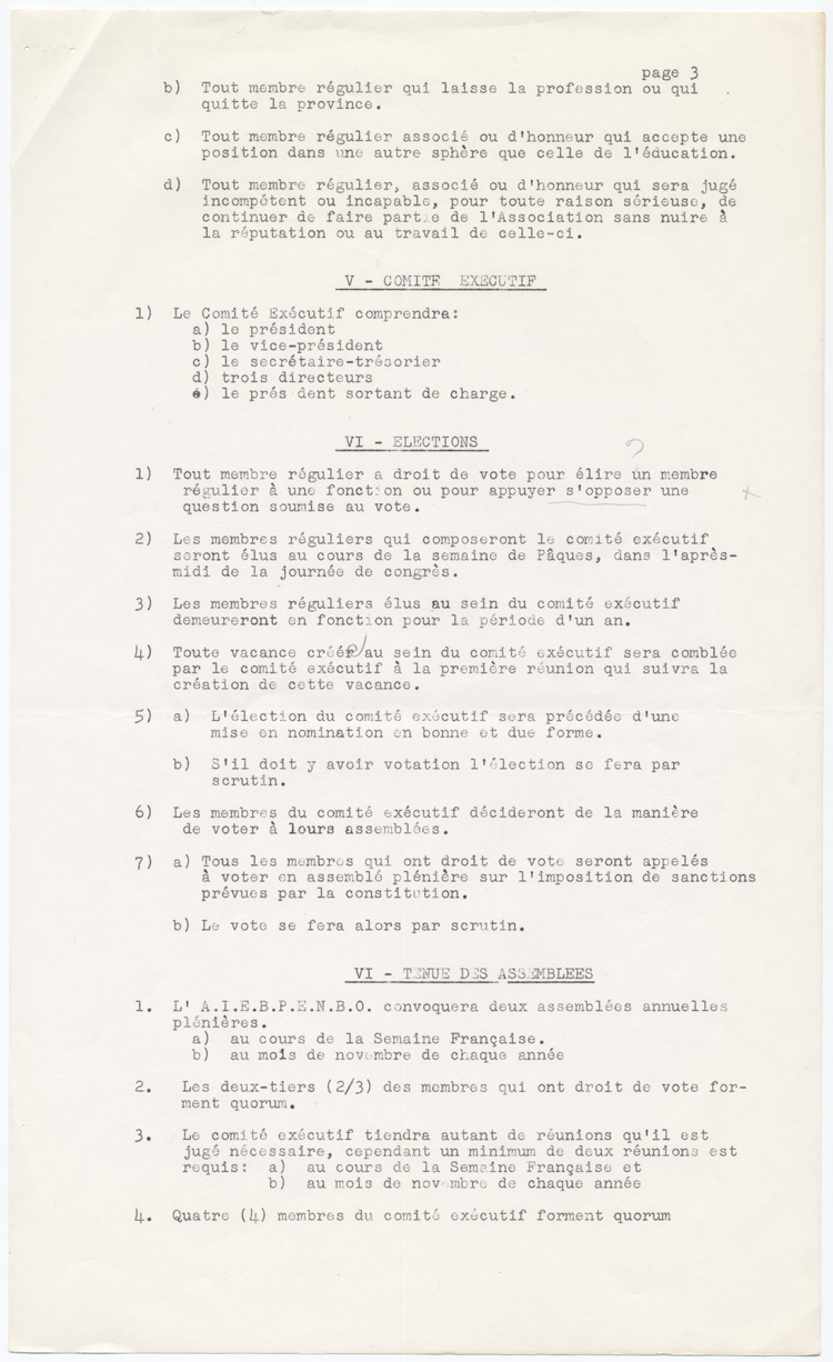 Reproduction de la quatri&egrave;me page d’un projet de constitution, statuts et r&egrave;glements, de l’Association des inspecteurs d’&eacute;coles bilingues et des professeurs de l’&eacute;cole normale bilingue de l’Ontario, connue sous le nom de Association franco-ontarienne des inspecteurs de l’enseignement et des professeurs d’&eacute;cole normale (AFOIEPEN), 1959