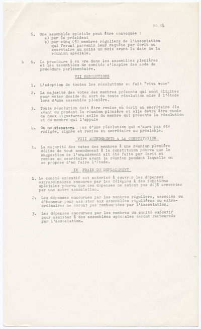 Reproduction de la cinqui&egrave;me page d’un projet de constitution, statuts et r&egrave;glements, de l’Association des inspecteurs d’&eacute;coles bilingues et des professeurs de l’&eacute;cole normale bilingue de l’Ontario, connue sous le nom de Association franco-ontarienne des inspecteurs de l’enseignement et des professeurs d’&eacute;cole normale (AFOIEPEN), 1959.