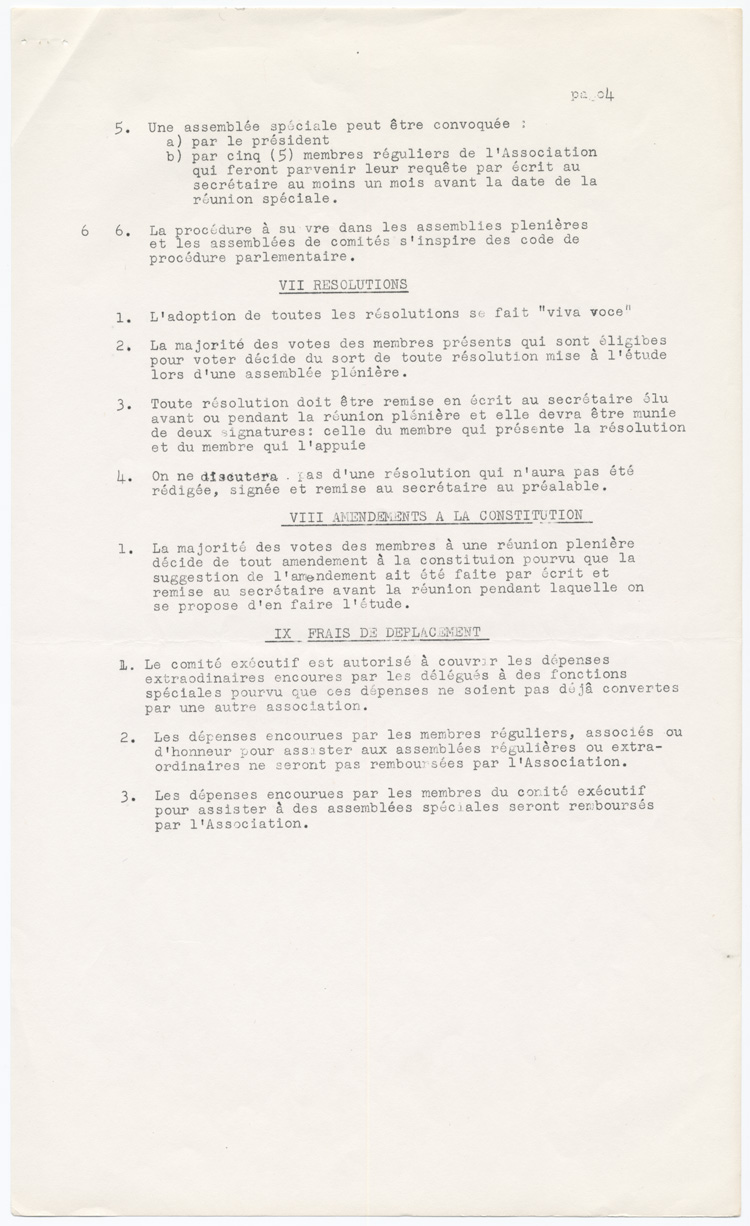Reproduction de la cinqui&egrave;me page d’un projet de constitution, statuts et r&egrave;glements, de l’Association des inspecteurs d’&eacute;coles bilingues et des professeurs de l’&eacute;cole normale bilingue de l’Ontario, connue sous le nom de Association franco-ontarienne des inspecteurs de l’enseignement et des professeurs d’&eacute;cole normale (AFOIEPEN), 1959.