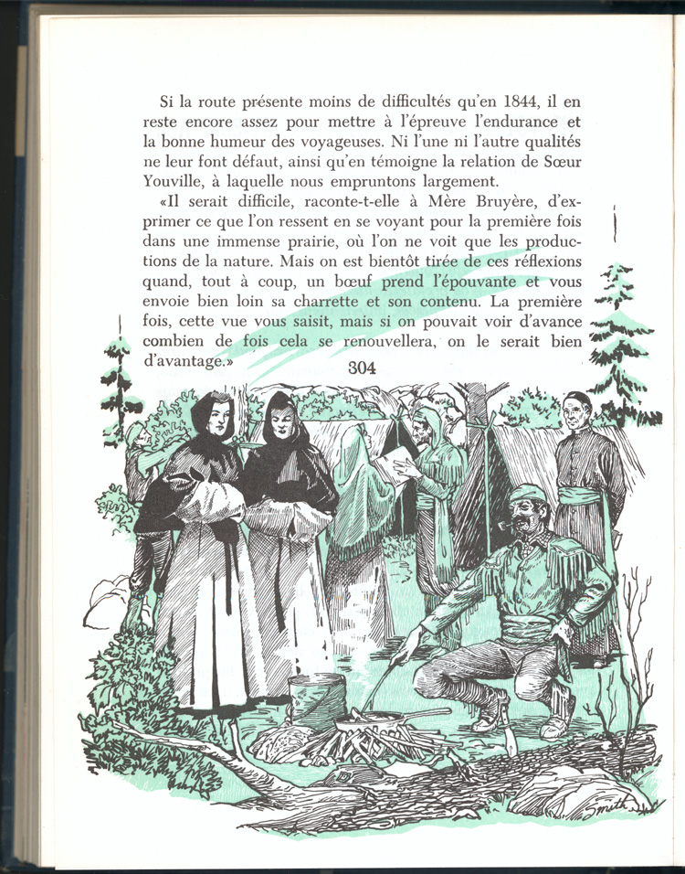 Reproduction de la trois cent quatri&egrave;me page du manuel Vers l’avenir de Ad&eacute;lard Gascon et Laurier Carri&egrave;re comprenant un r&eacute;cit de soeur Paul-&Eacute;mile, s.c.o., intitul&eacute; Un voyage de Bytown &agrave; Saint-Boniface, 1956.