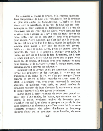 Reproduction de la trois cent cinqi&egrave;me page du manuel Vers l’avenir de Ad&eacute;lard Gascon et Laurier Carri&egrave;re comprenant un r&eacute;cit de soeur Paul-&Eacute;mile, s.c.o., intitul&eacute; Un voyage de Bytown &agrave; Saint-Boniface, 1956.