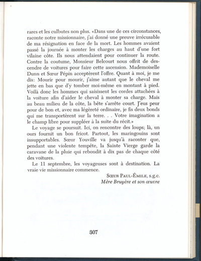 Reproduction de la trois cent septi&egrave;me page du manuel Vers l’avenir de Ad&eacute;lard Gascon et Laurier Carri&egrave;re comprenant un r&eacute;cit de soeur Paul-&Eacute;mile, s.c.o., intitul&eacute; Un voyage de Bytown &agrave; Saint-Boniface, 1956.
