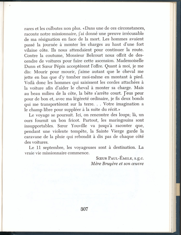 Reproduction de la trois cent septi&egrave;me page du manuel Vers l’avenir de Ad&eacute;lard Gascon et Laurier Carri&egrave;re comprenant un r&eacute;cit de soeur Paul-&Eacute;mile, s.c.o., intitul&eacute; Un voyage de Bytown &agrave; Saint-Boniface, 1956.