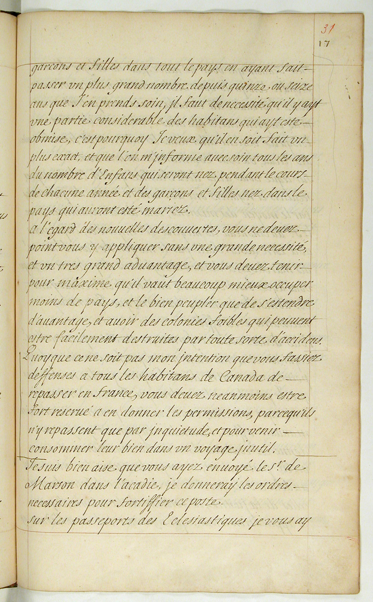 Reproduction du recto du dix-septi&egrave;me folio du septi&egrave;me volume des Lettres envoy&eacute;es 1663-1774 comprenant un extrait d’une lettre de Louis XIV, roi de France, au gouverneur g&eacute;n&eacute;ral de la Nouvelle-France, Louis de Buade, comte de Frontenac et de Palluau, 15 avril 1676.