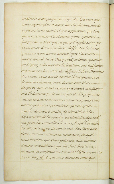 Reproduction du verso du vingt-deuxi&egrave;me folio du septi&egrave;me volume des Lettres envoy&eacute;es 1663-1774 comprenant la permission de Louis XIV, roi de France, au sieur Robert Cavelier de La Salle, de d&eacute;couvrir la partie occidentale de la Nouvelle-France, 12 mai 1678.