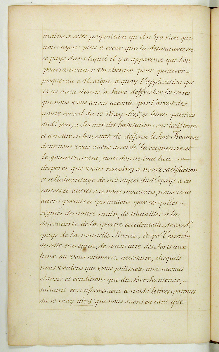 Reproduction du verso du vingt-deuxi&egrave;me folio du septi&egrave;me volume des Lettres envoy&eacute;es 1663-1774 comprenant la permission de Louis XIV, roi de France, au sieur Robert Cavelier de La Salle, de d&eacute;couvrir la partie occidentale de la Nouvelle-France, 12 mai 1678.