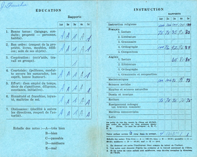 Reproduction de la deuxi&egrave;me et de la troisi&egrave;me page du bulletin scolaire de Jacques Faucher, &eacute;l&egrave;ve de deuxi&egrave;me ann&eacute;e &agrave; l’&eacute;cole Guigues, Commission des &eacute;coles s&eacute;par&eacute;es catholiques d’Ottawa, 1943-1944, 29 juin 1944.