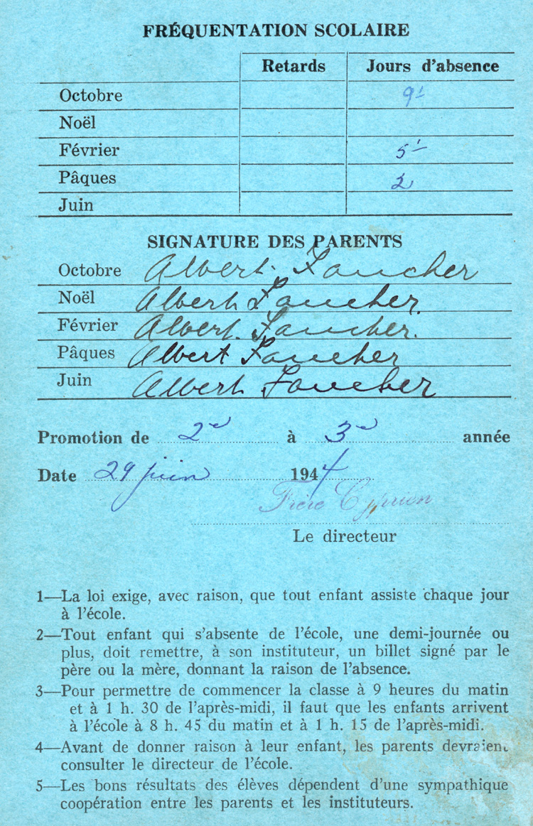 Reproduction de la quatri&egrave;me page du bulletin scolaire de Jacques Faucher, &eacute;l&egrave;ve de deuxi&egrave;me ann&eacute;e &agrave; l’&eacute;cole Guigues, Commission des &eacute;coles s&eacute;par&eacute;es catholiques d’Ottawa, 1943-1944, 29 juin 1944.