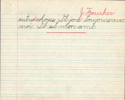 Reproduction de la neuvi&egrave;me page du cahier d’examen de d&eacute;cembre 1945 de Jacques Faucher, &eacute;l&egrave;ve de quatri&egrave;me ann&eacute;e &agrave; l’&eacute;cole Guigues, Ottawa (Ontario), comprenant son examen de composition fran&ccedil;aise intitul&eacute; Mon chien, 1945.